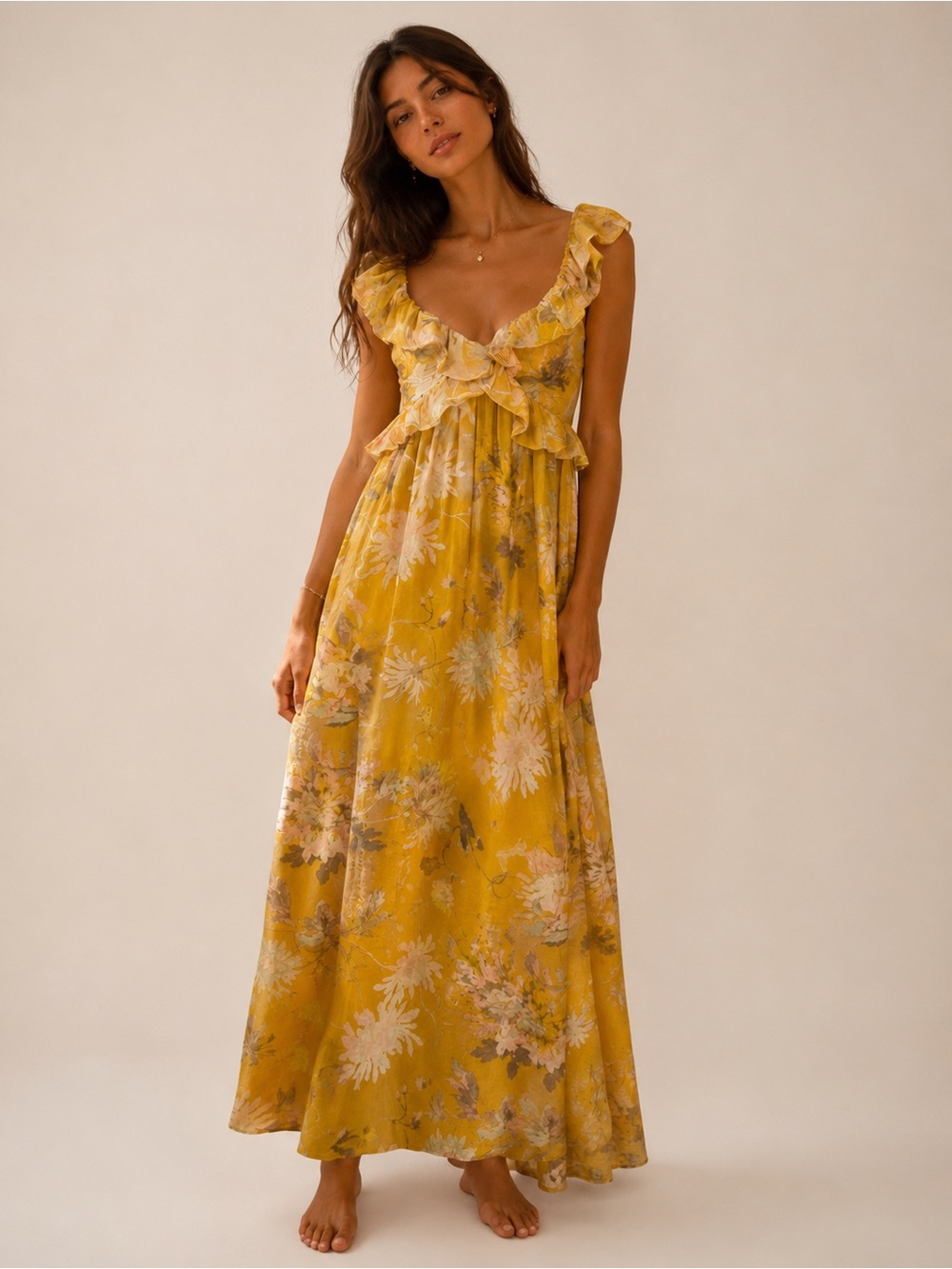 H&M Lyocell Blend Yellow Floral Ruffle Cut Out Tie Back Maxi Dress XS